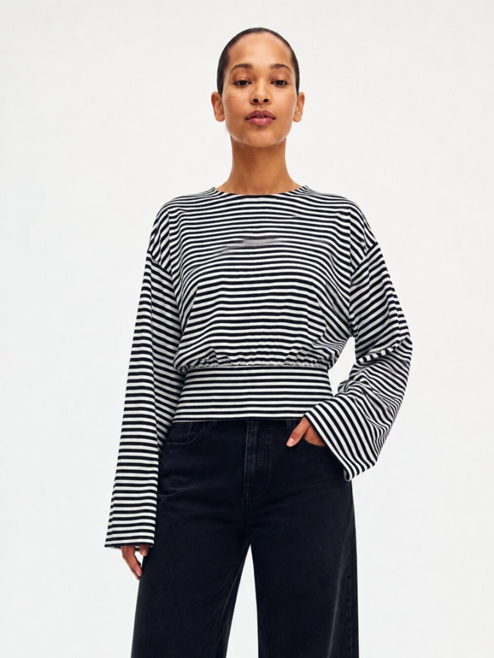 H&M Black White Striped Jersey Gathered Waist Drop Shoulder Wide Sleeve Top S